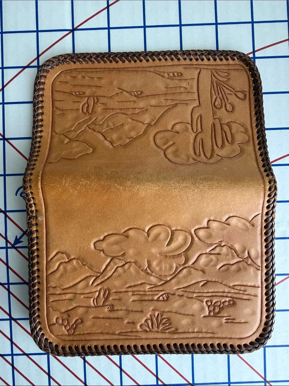 Vintage Hand Tooled Leather Wallet Clutch Southwestern Desert Cactus Whipstitch